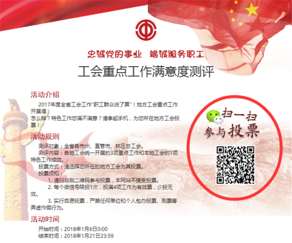 全省工会重点工作满意度网络测评6日启动