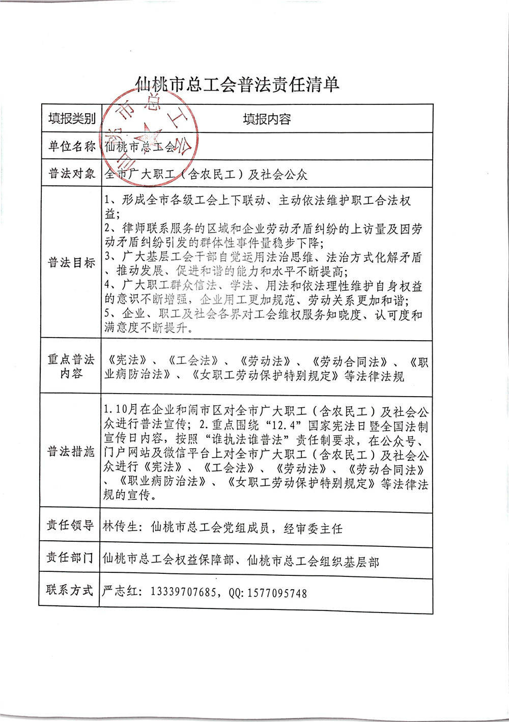 仙桃市总工会普法责任清单